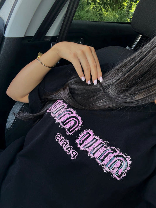 T-SHIRT NOIR AVEC LOGO ROSE